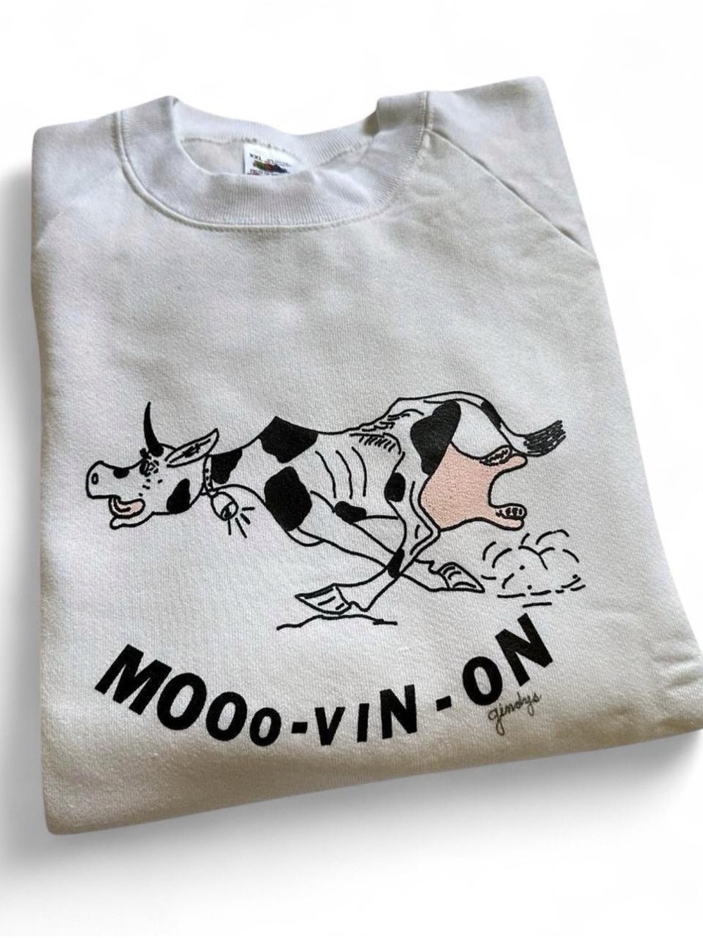 Vintage 1990s White Graphic Sweatshirt with Running Cow XXL